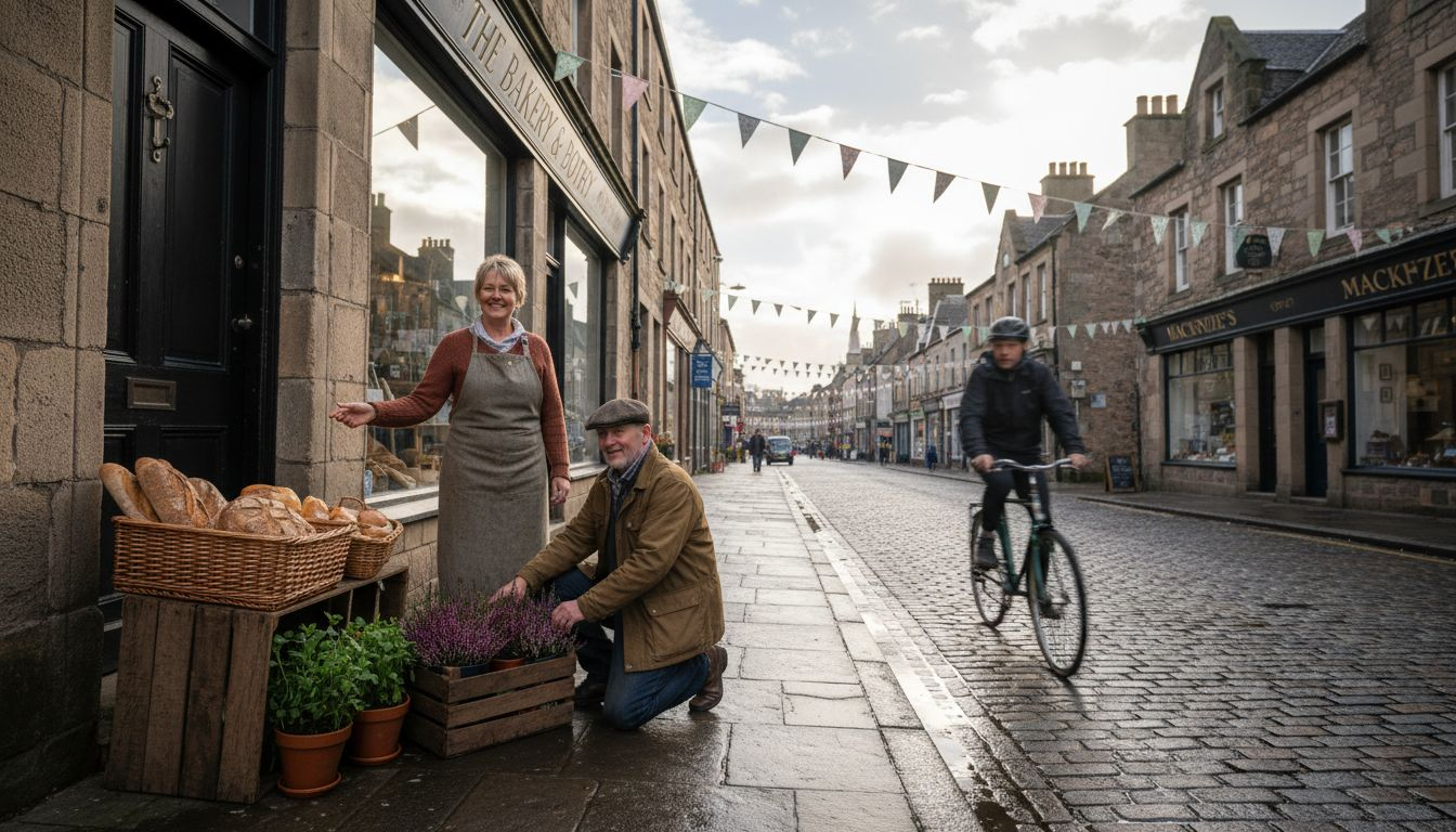 Elgin shopkeepers arranging goods on High Street