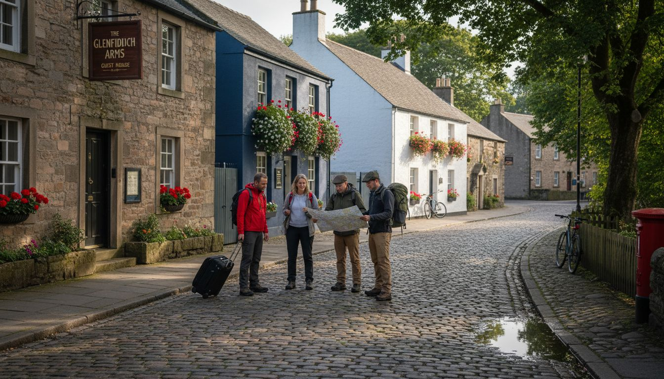 Travelers outside different Elgin accommodation types