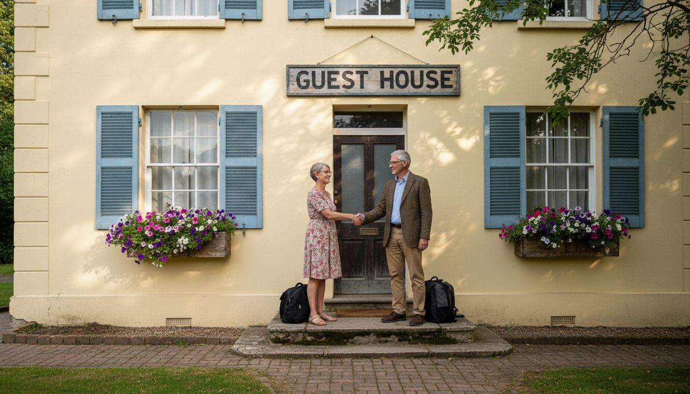 Couple welcoming guest to inviting guest house