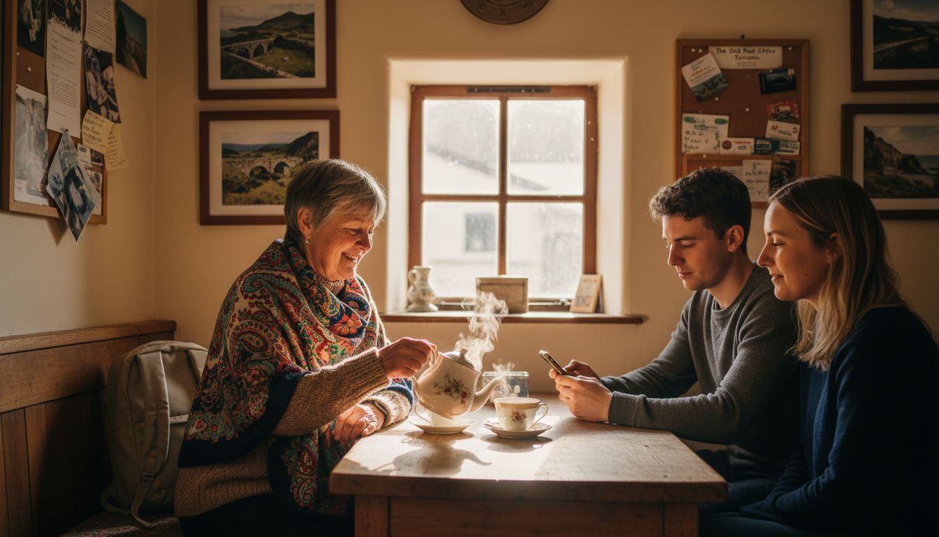 Guest house host serving tea in shared room