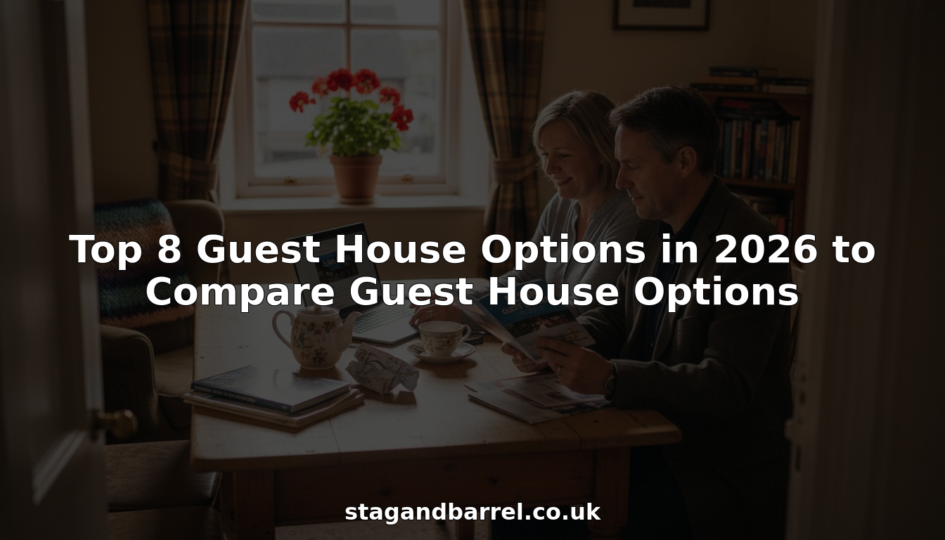 Couple reviewing guest house options in Elgin lounge