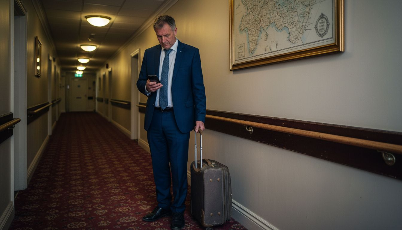 Business traveler pulling suitcase at Elgin hotel