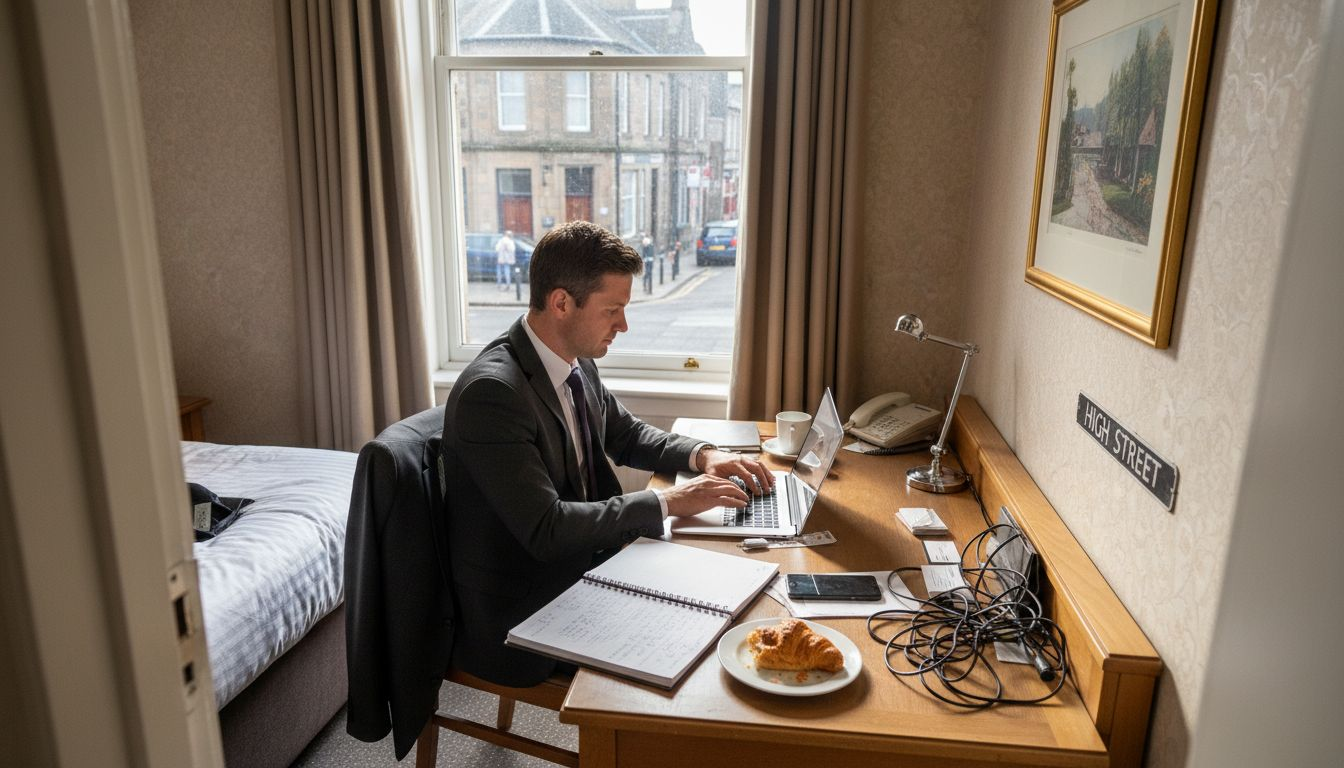 Business traveller working at Elgin hotel desk