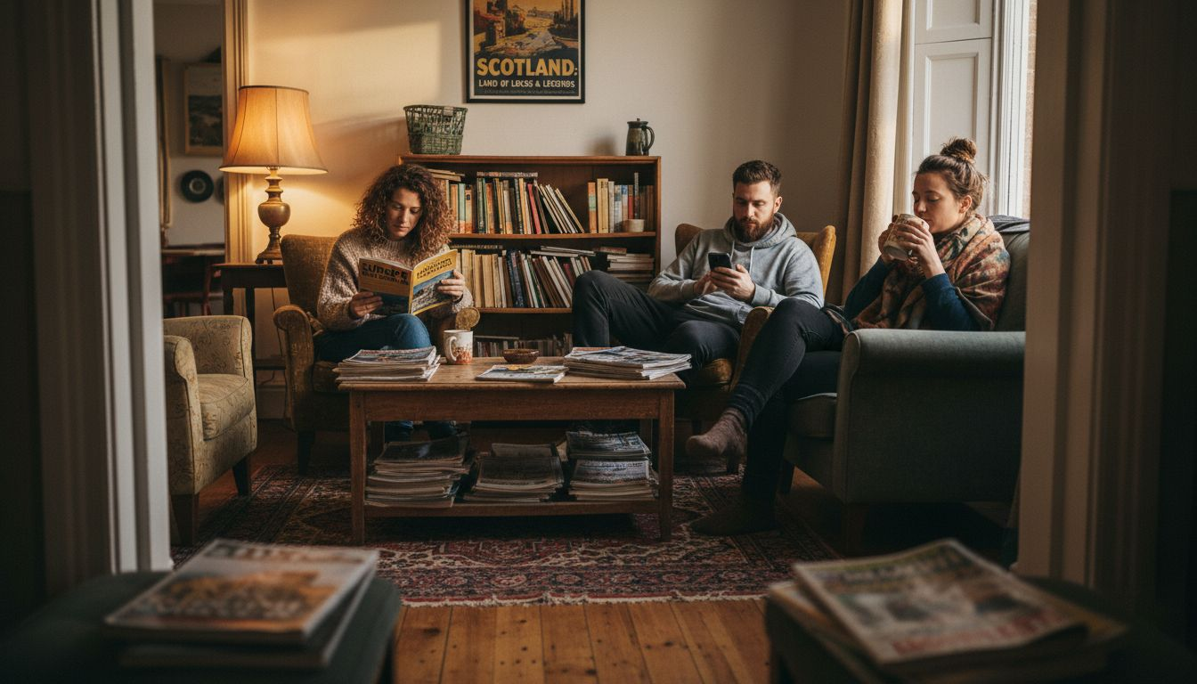 Travelers relaxing in guest house lounge