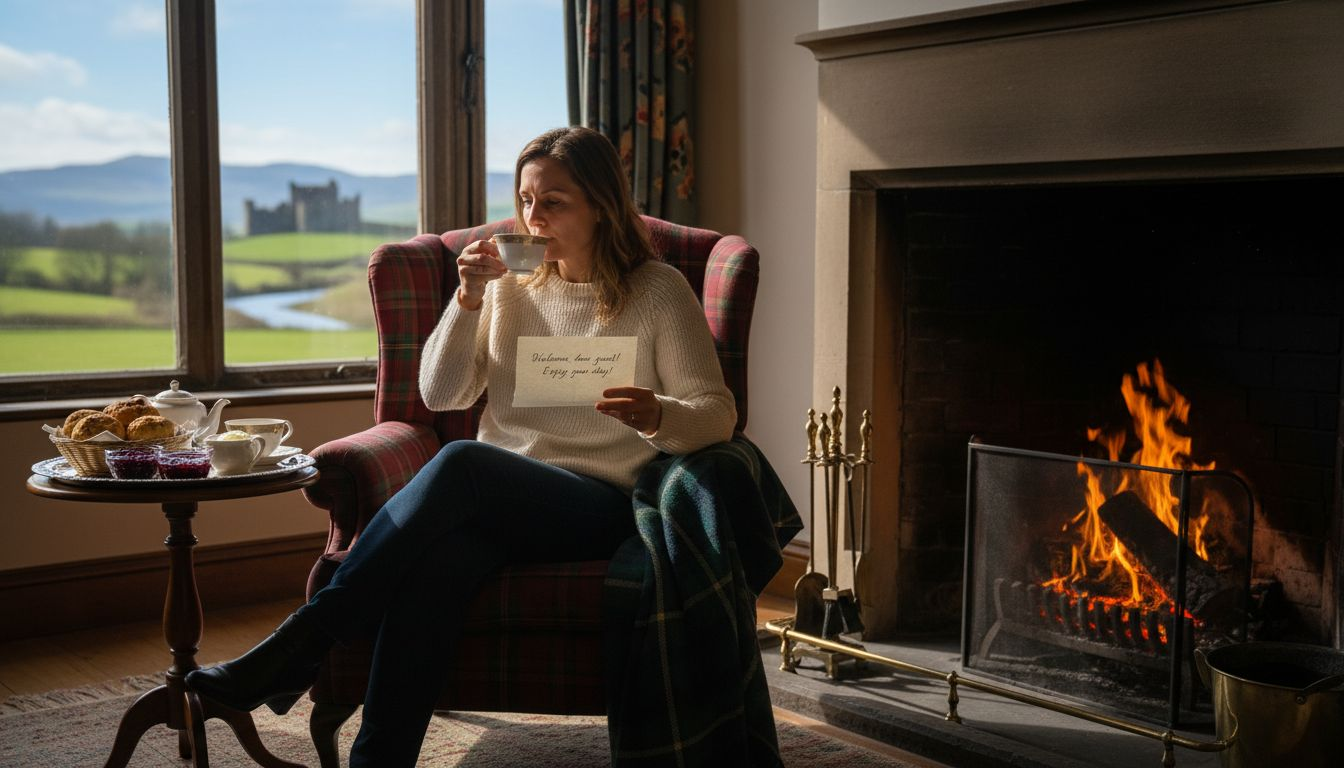 Guest enjoying luxury amenities by fireplace
