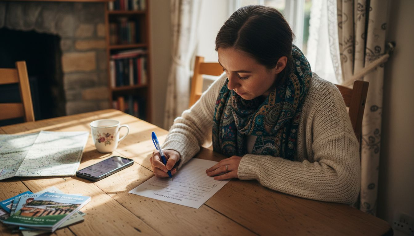 Guest completes booking form at pine table