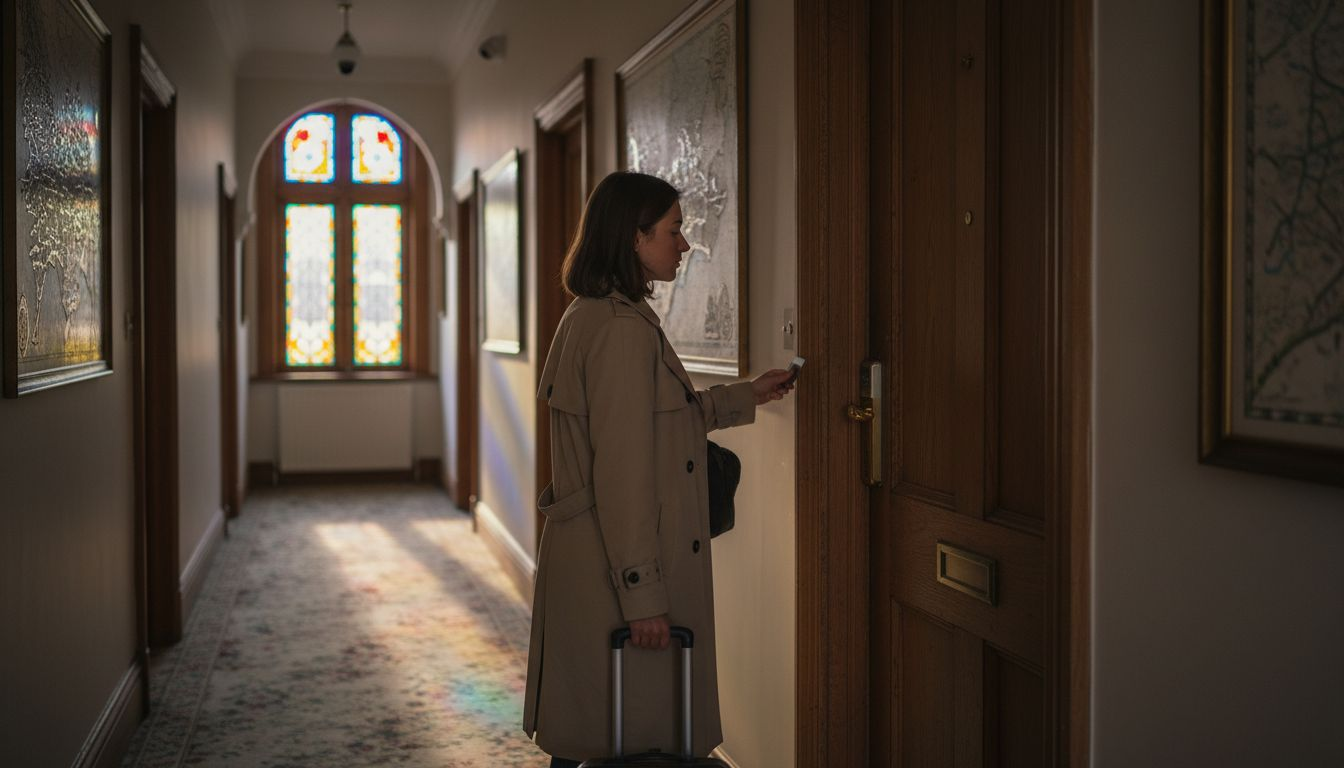 Traveler unlocking room in guest house hallway