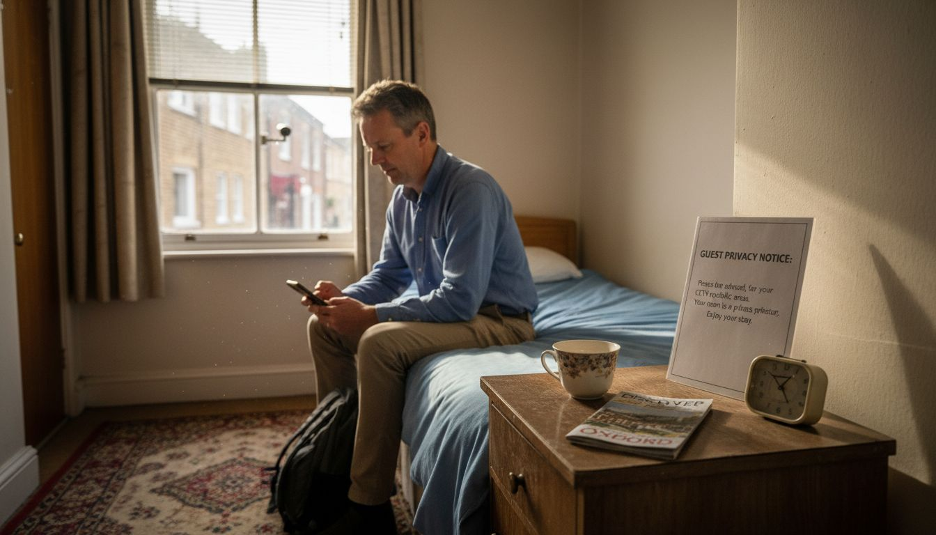 Man reading privacy notice in guest house room