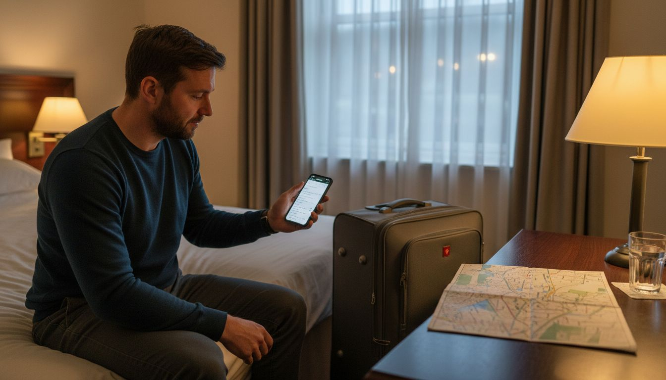 Traveler comparing hotel booking options in Elgin