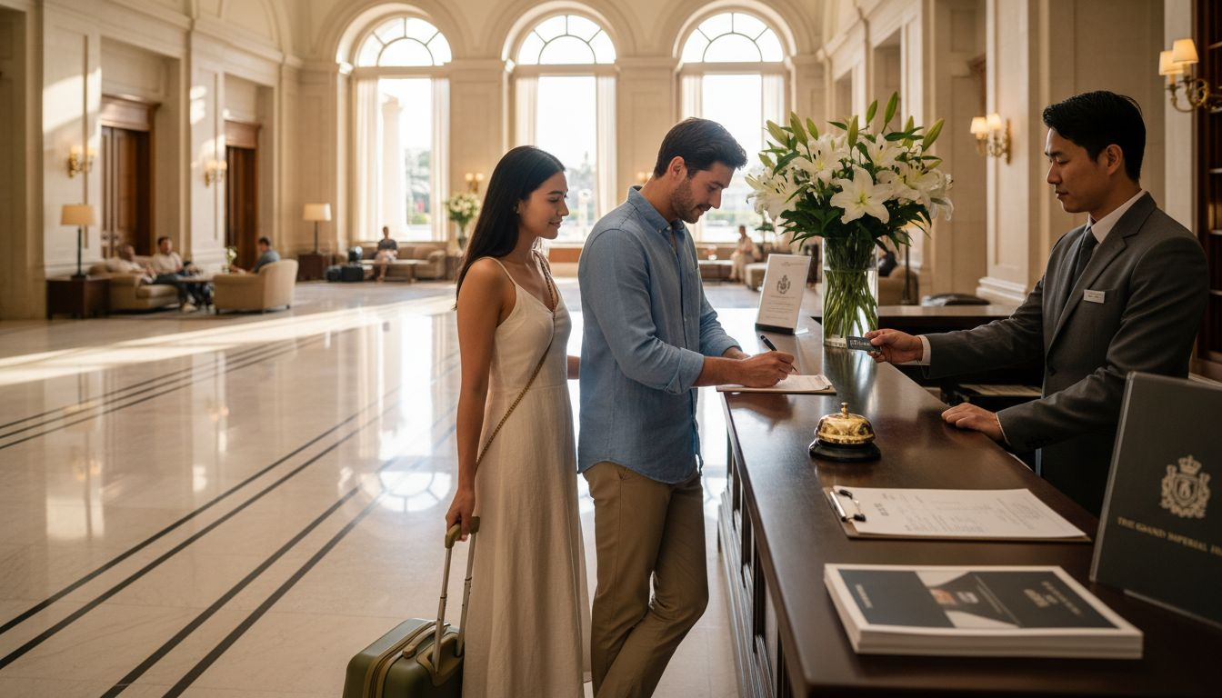 Hotel guests checking in at amenity-rich lobby
