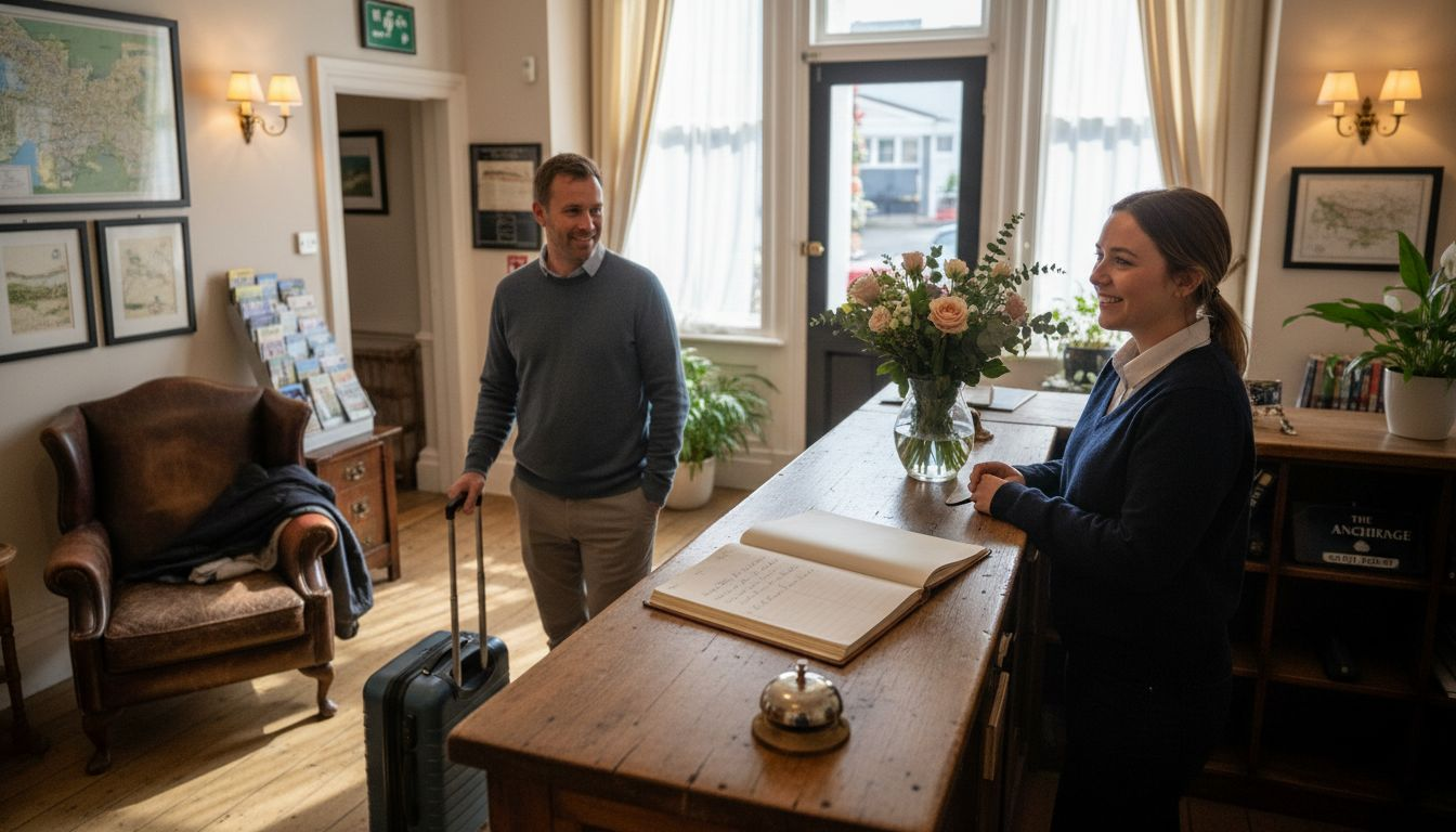 Receptionist greeting guest at lobby desk