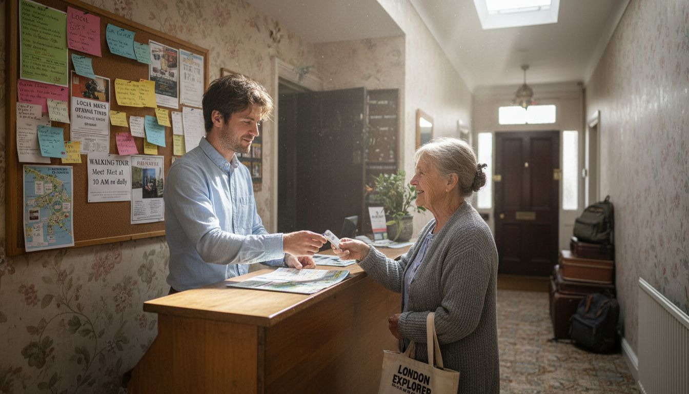 Receptionist handing keycard and map to guest
