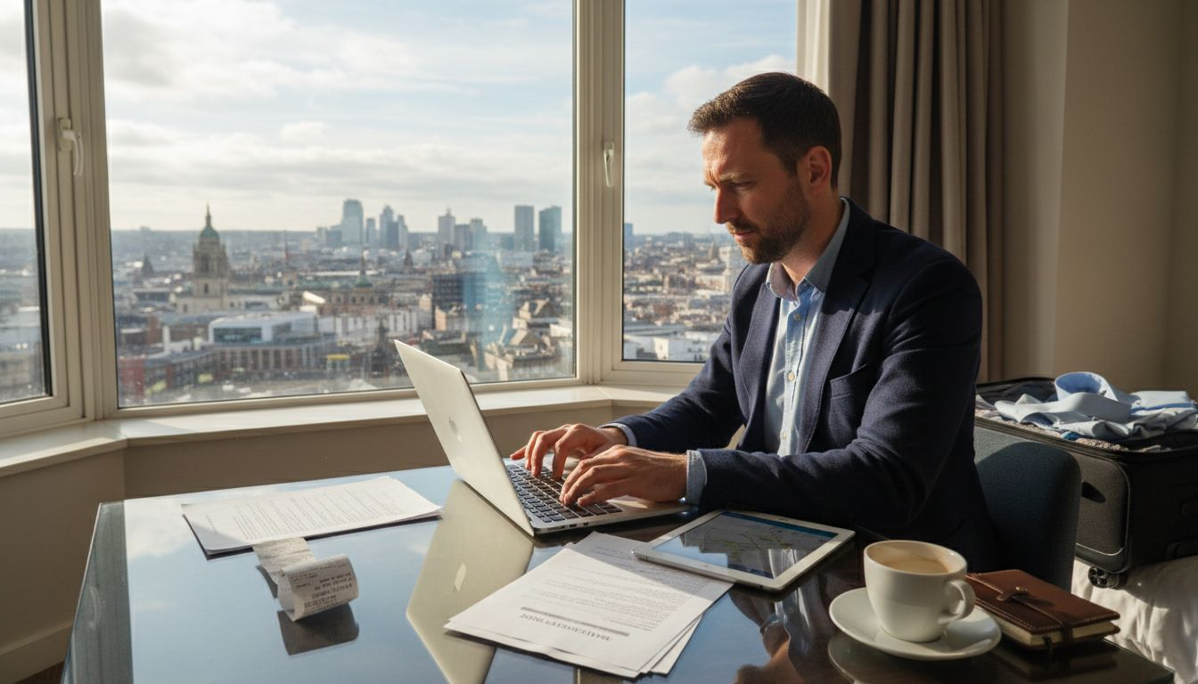 Business traveler working in hotel room
