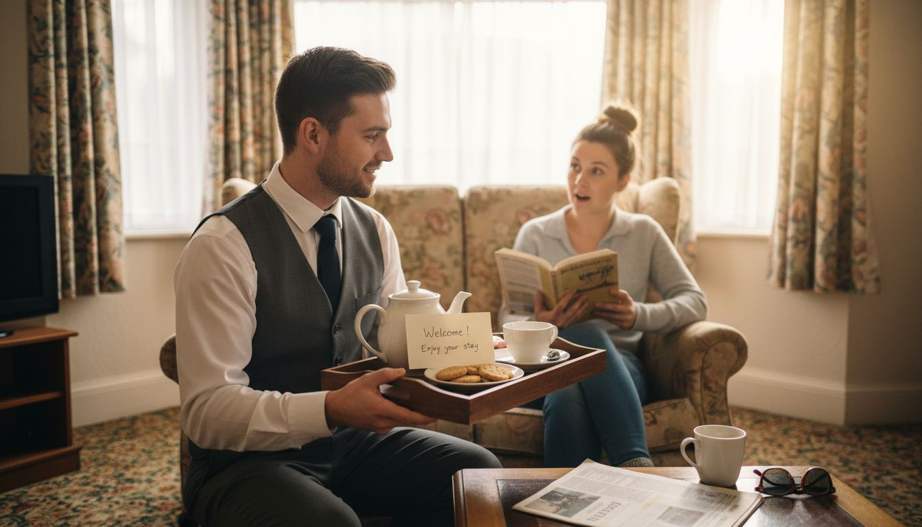 Staff serving tea to guest in lounge