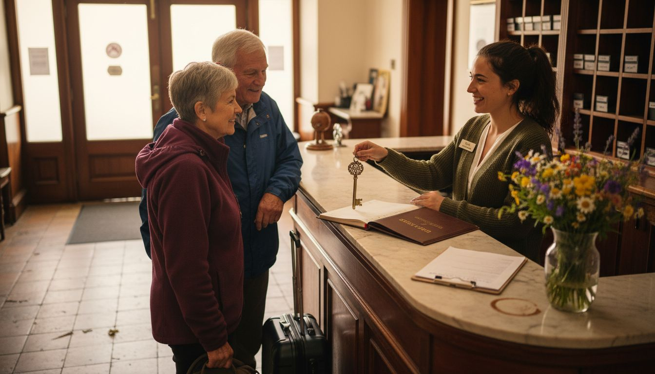 Receptionist greeting guests at front desk