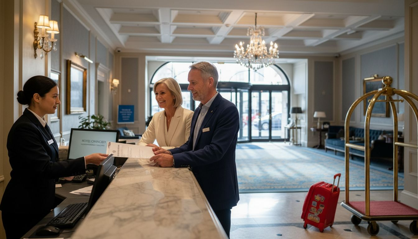 Couple checking in at hotel reception desk
