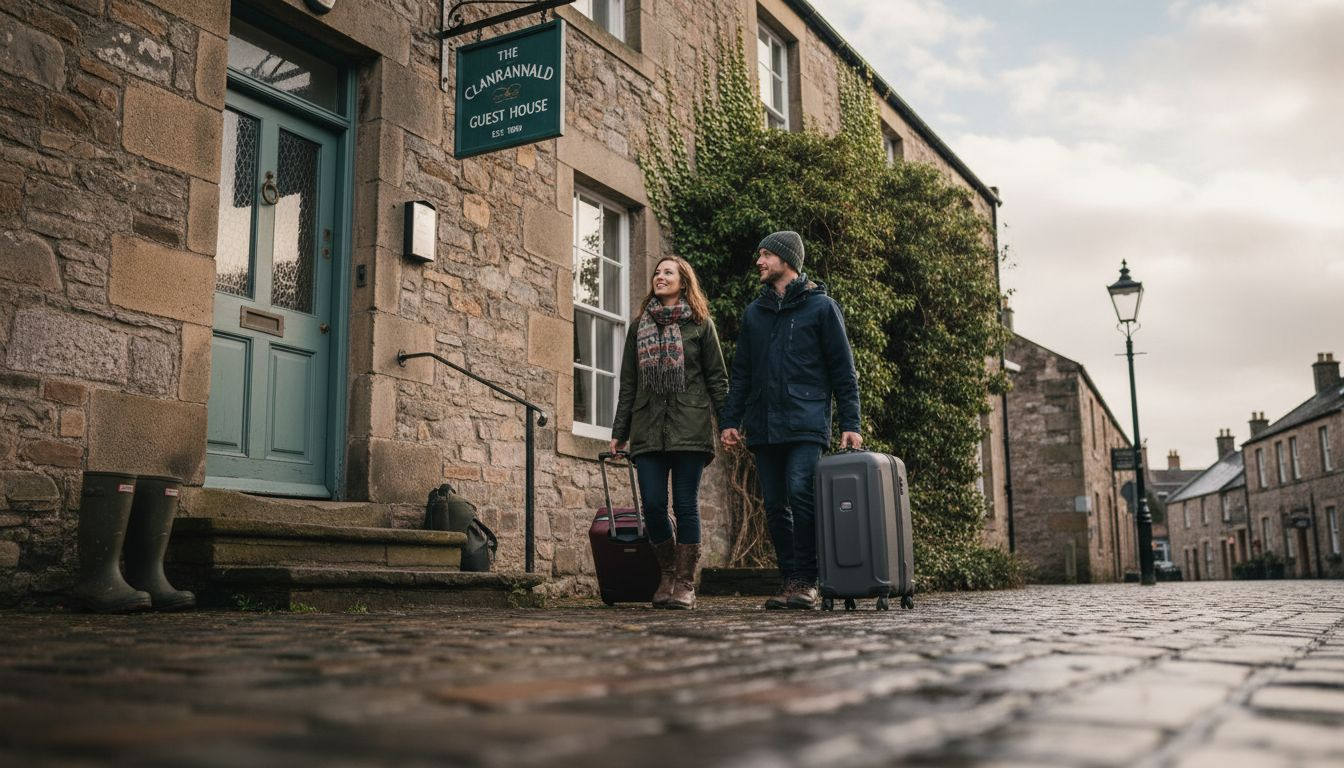Travelers arriving at stone guest house in Elgin