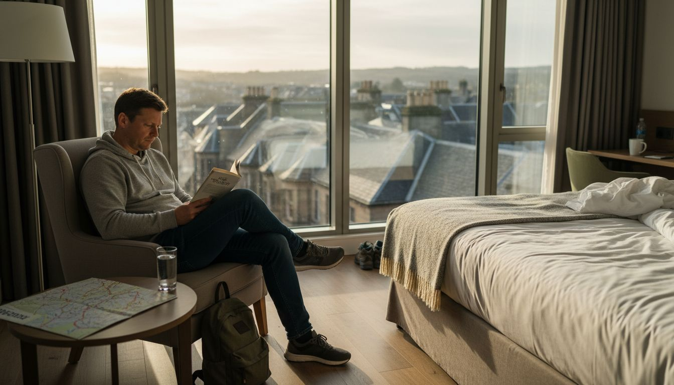 Traveler reading in peaceful Elgin hotel room