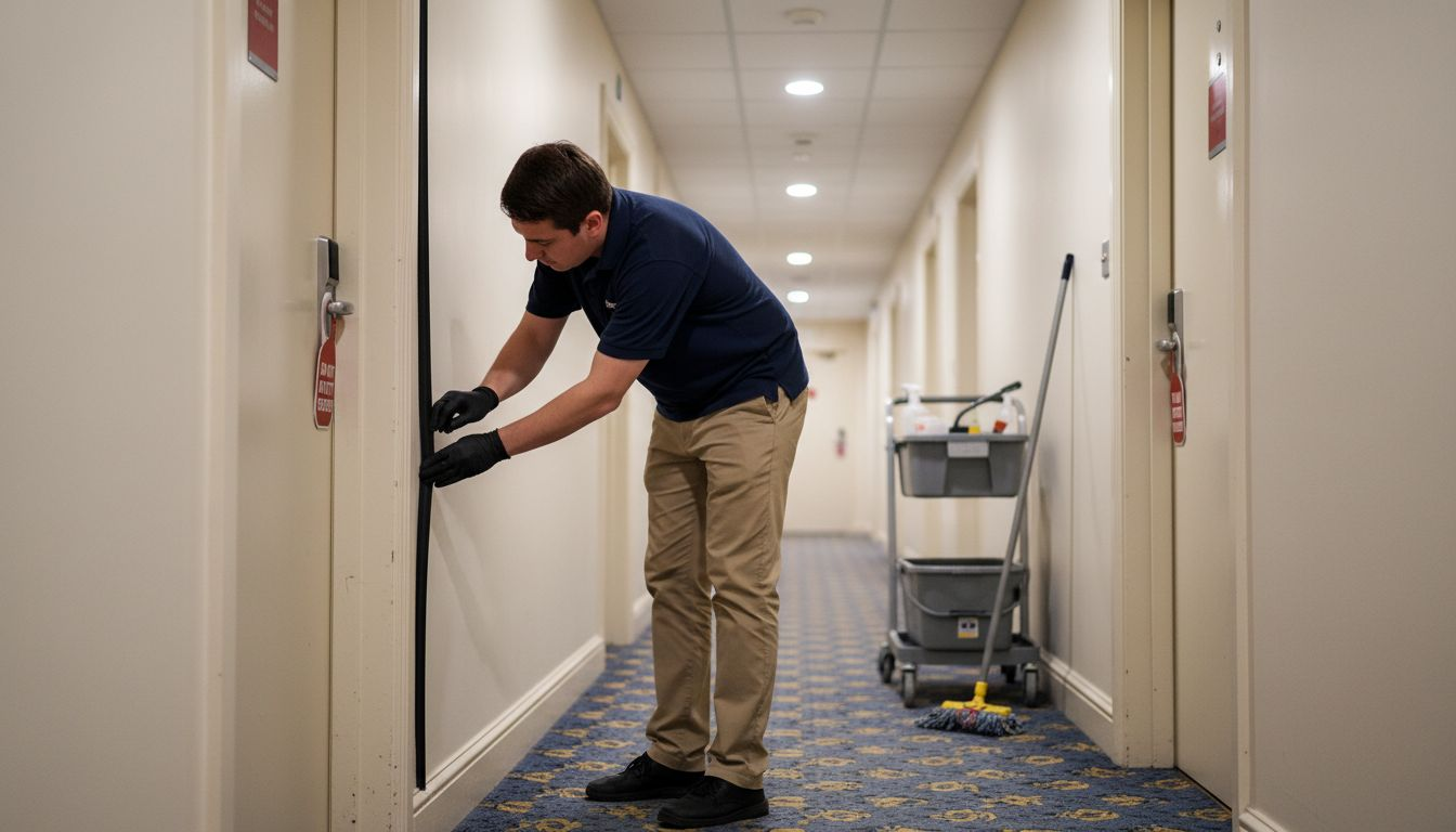 Hotel staff inspects soundproof hallway door