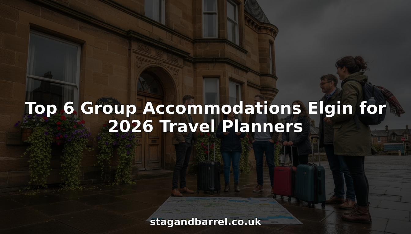 Travel group outside Elgin guest house with suitcases