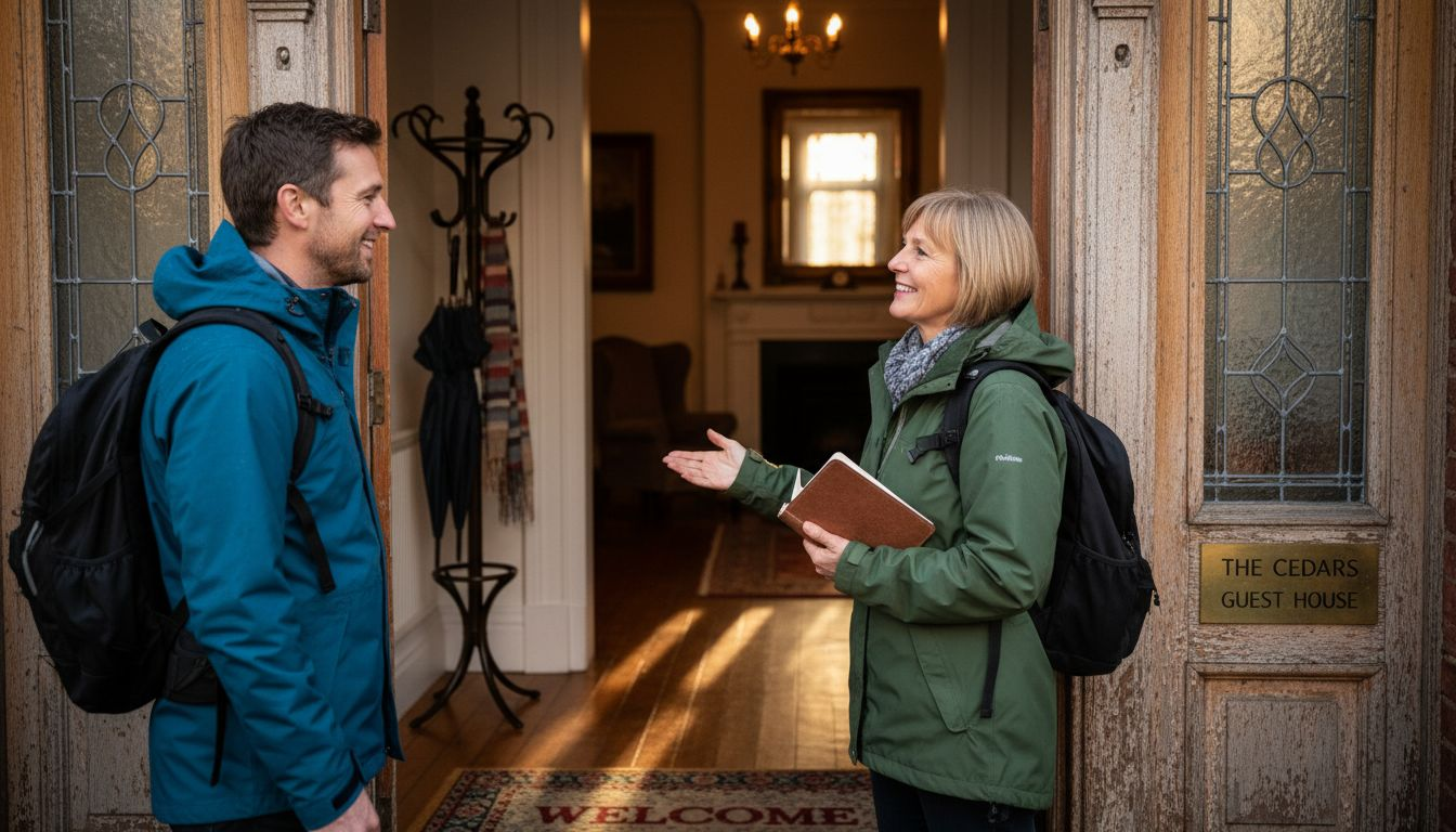 Guest house manager greeting new arrivals at door