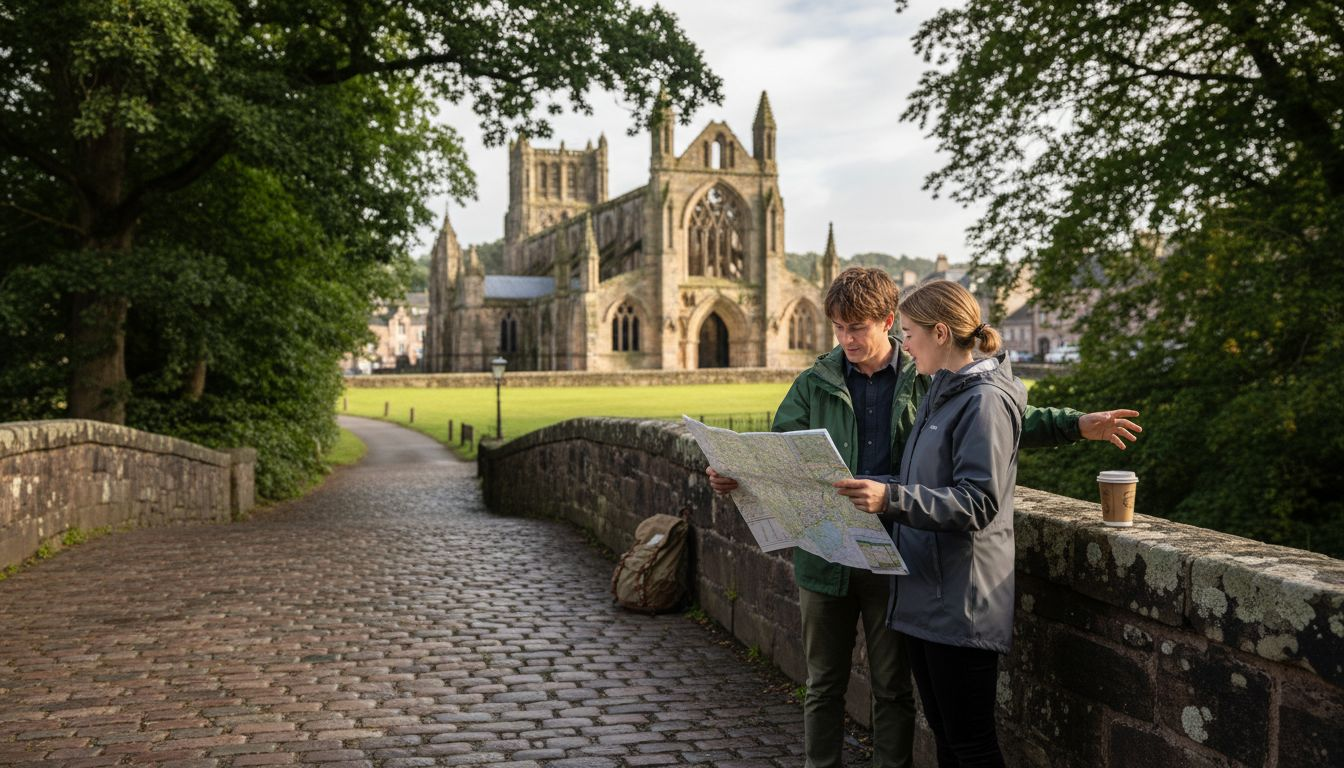 Travellers exploring Elgin town centre Scotland