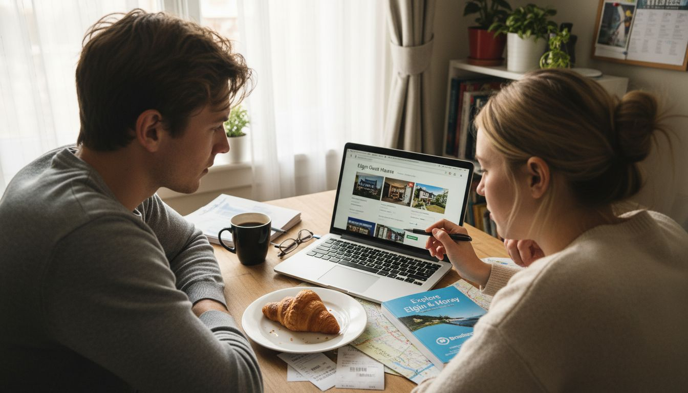 Couple booking guest house online at kitchen table