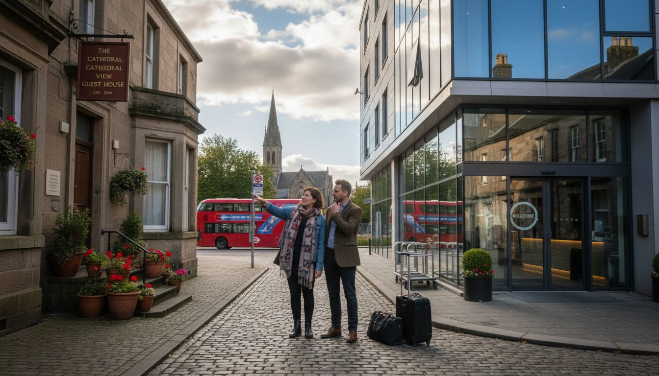 Comparing hotel and guest house exteriors in Elgin