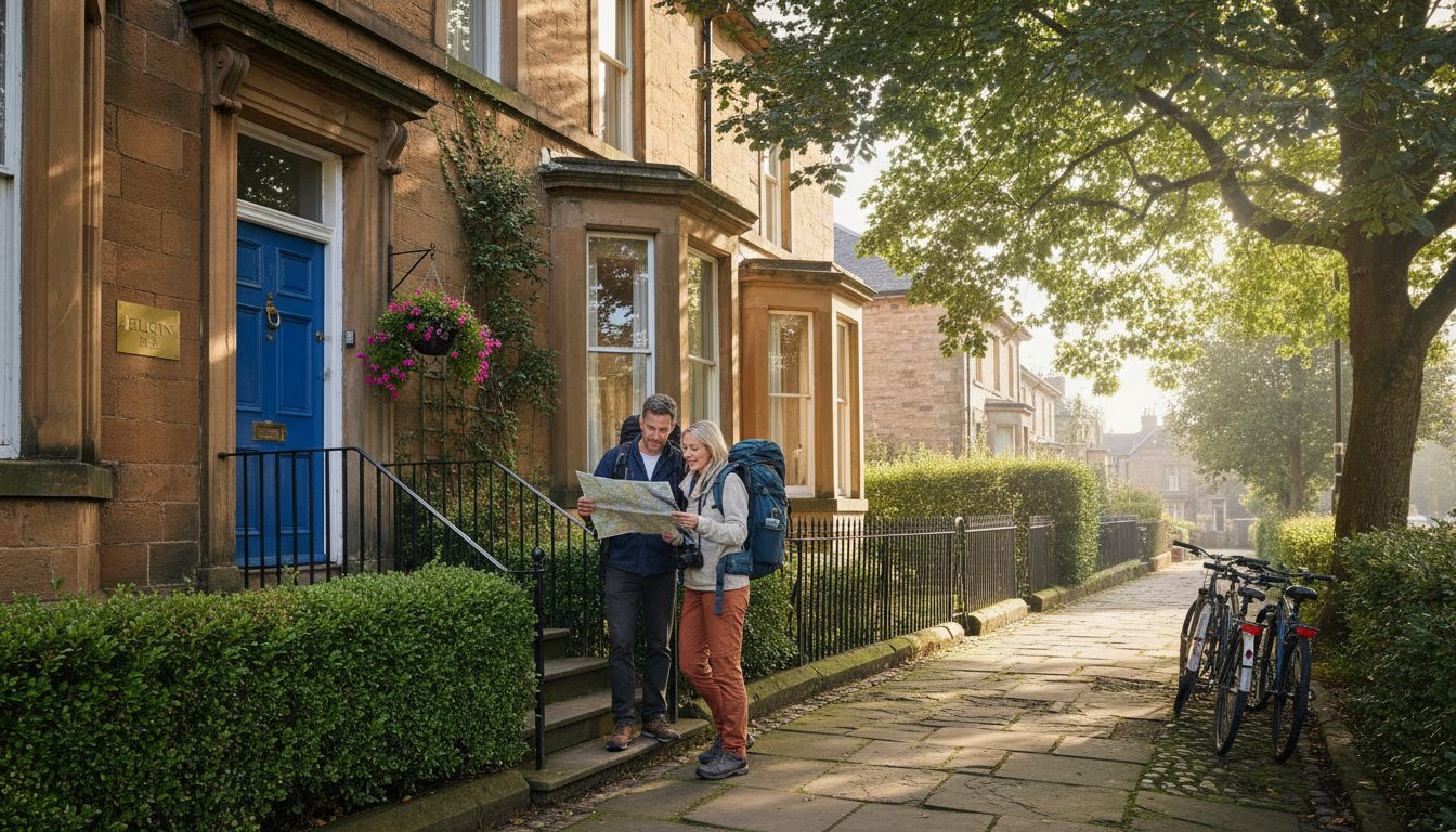 Travelers arriving at Elgin guest house exterior