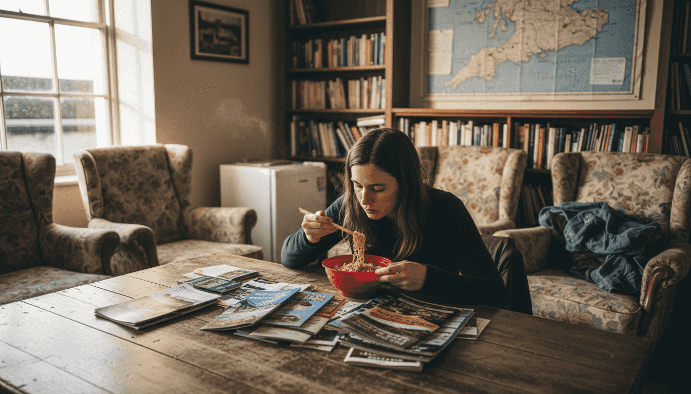 Guest house communal lounge with traveler