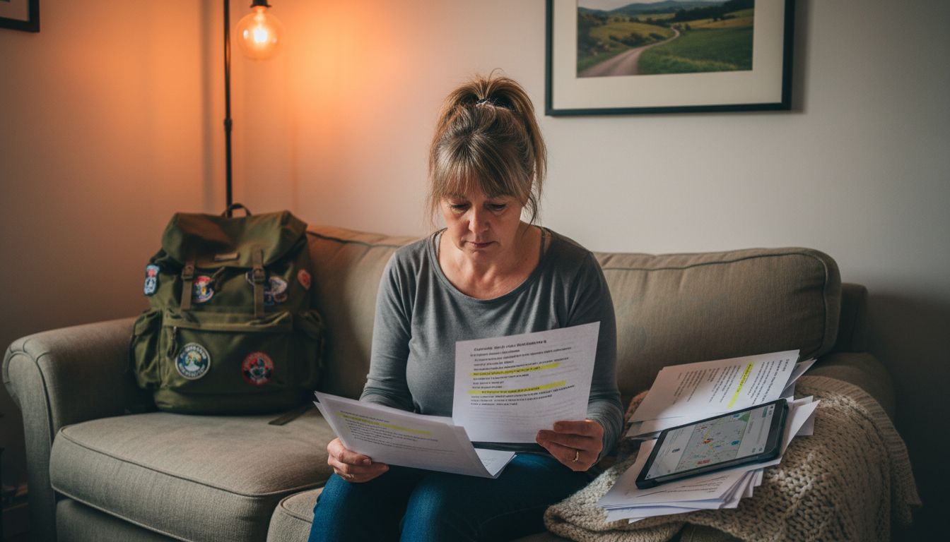 Woman analyzing printed guest house reviews