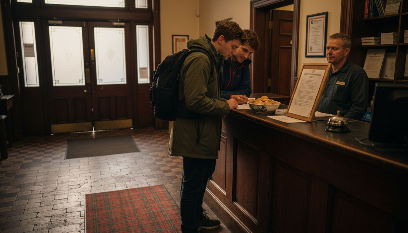 Guests reading guest rights notice at Scottish hotel