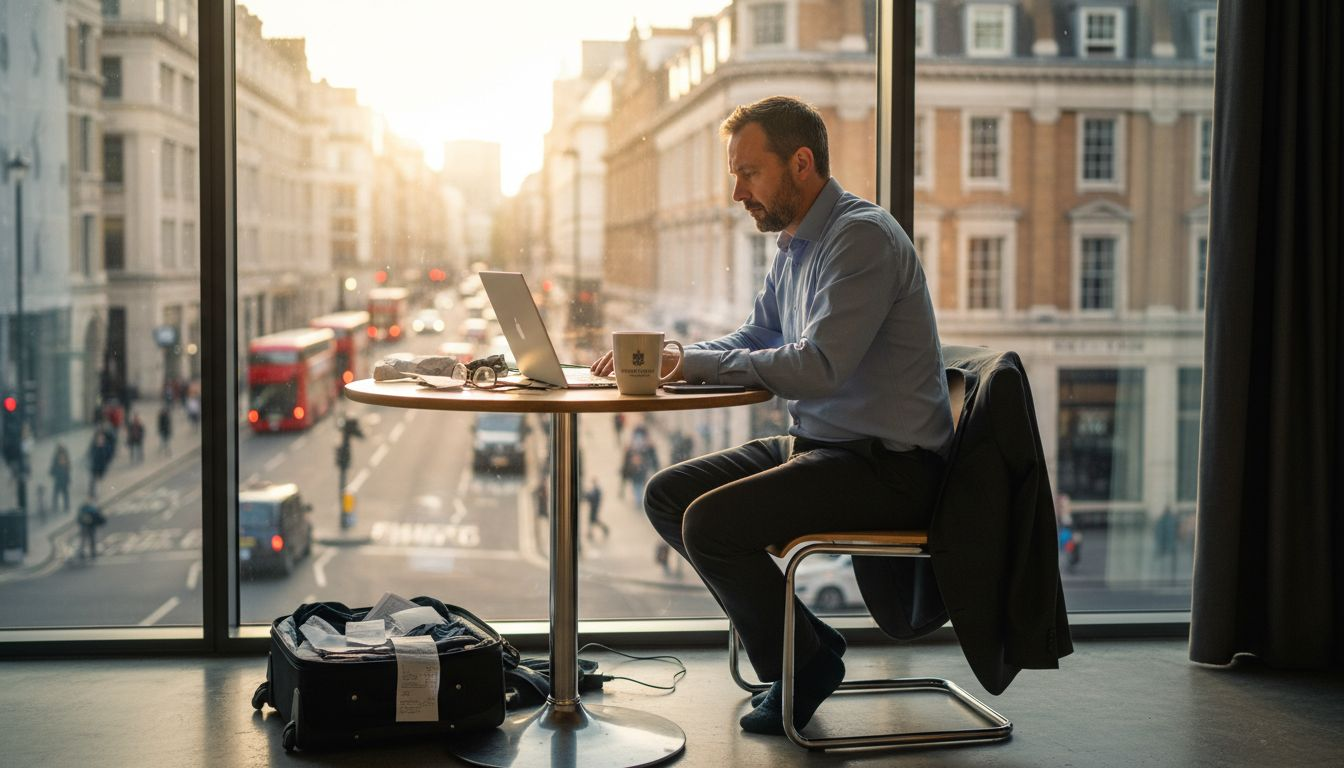 Business traveler working in serviced apartment