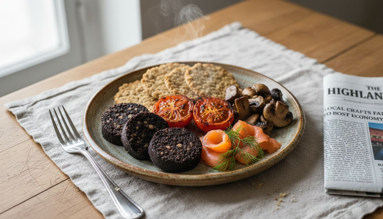 Traditional Scottish breakfast on rustic plate