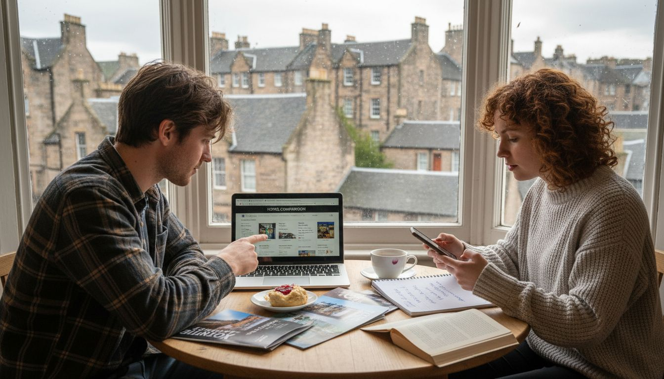 Couple booking Scottish hotel at home