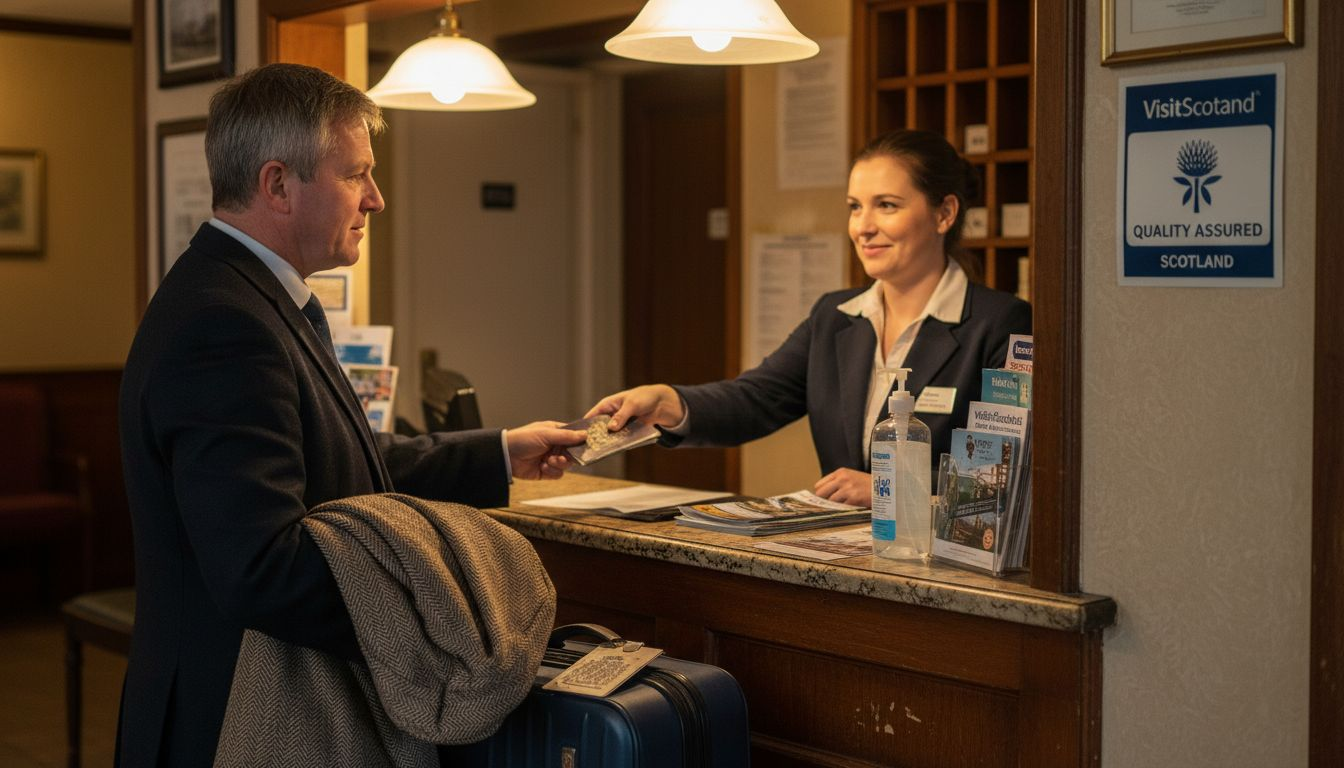 Guest checking in at Scottish hotel desk
