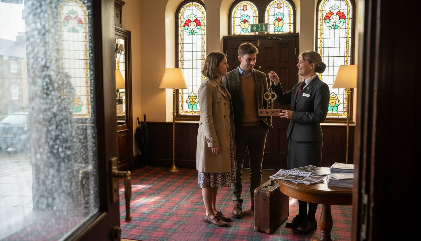 Couple welcomed at boutique hotel entry