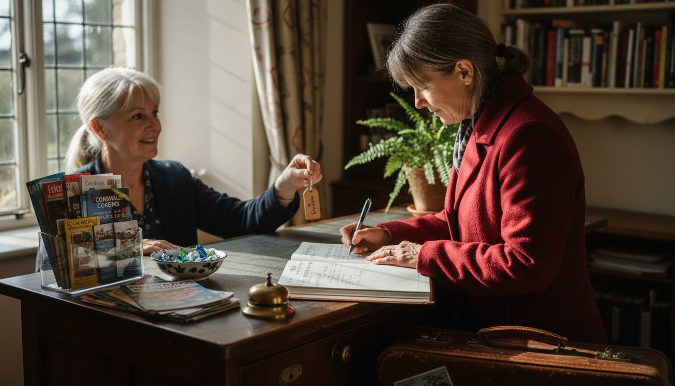 Traveler checking in at guesthouse desk