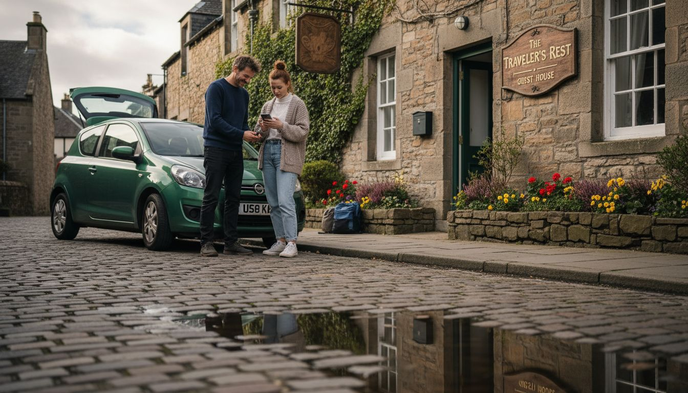 Couple parking at guest house in Elgin