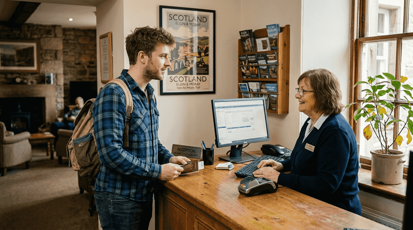 Traveler checks in at Elgin hotel reception desk