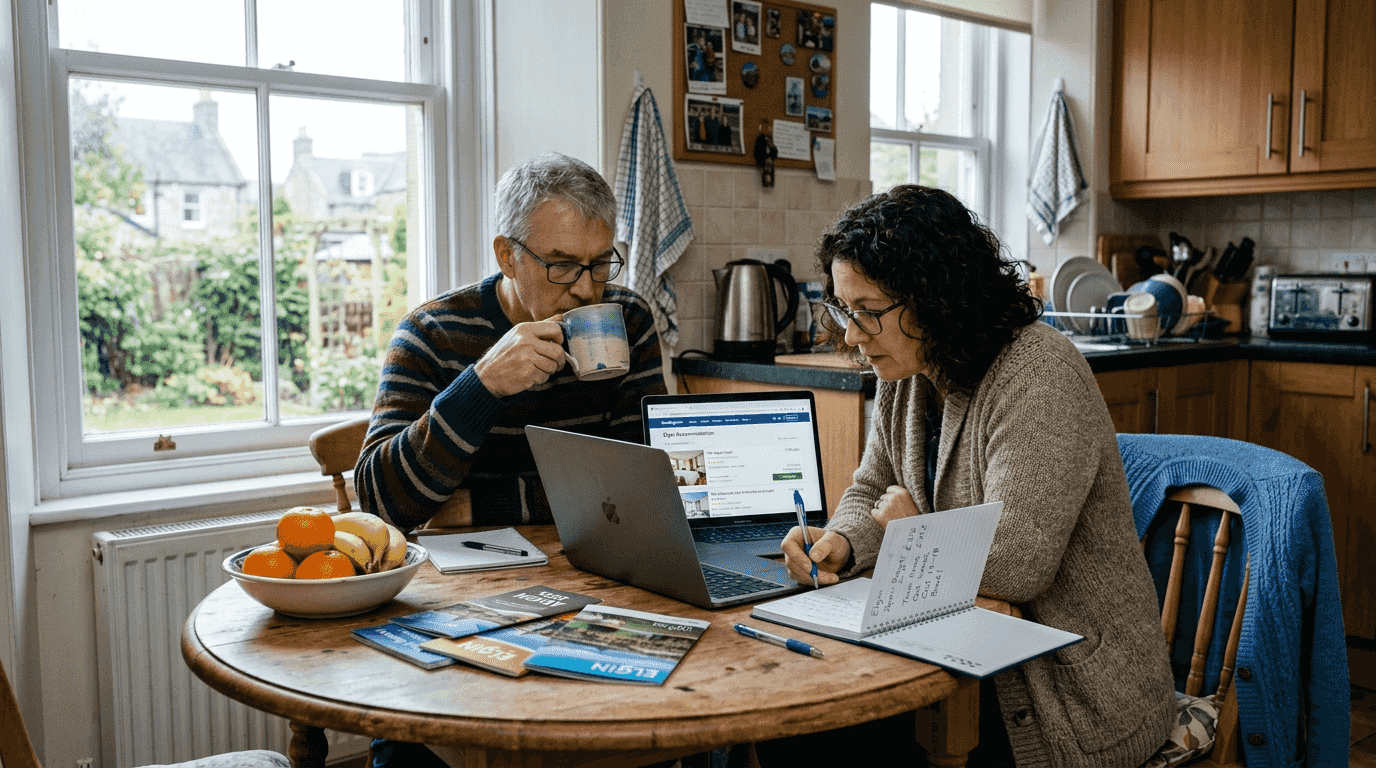 Couple planning Elgin hotel bookings at kitchen table