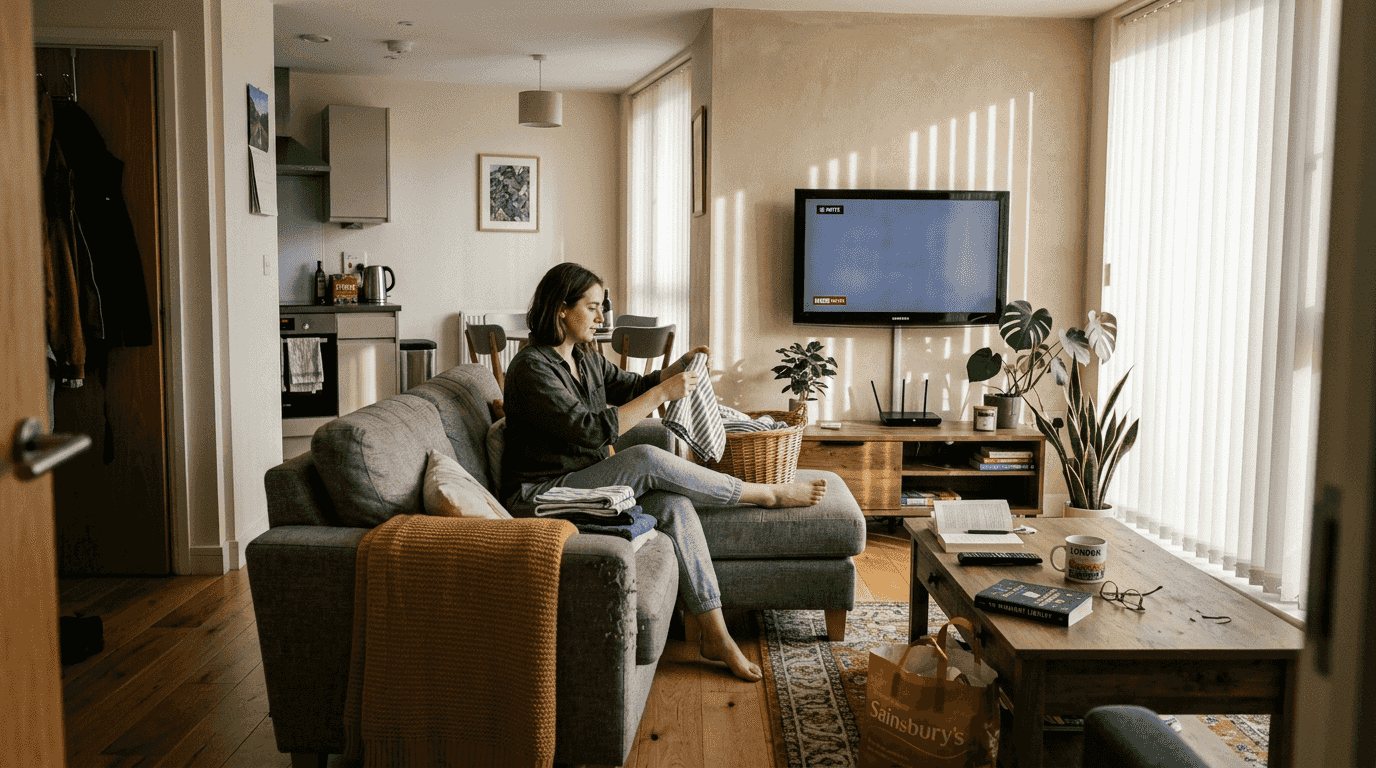 Woman folding laundry in serviced living room