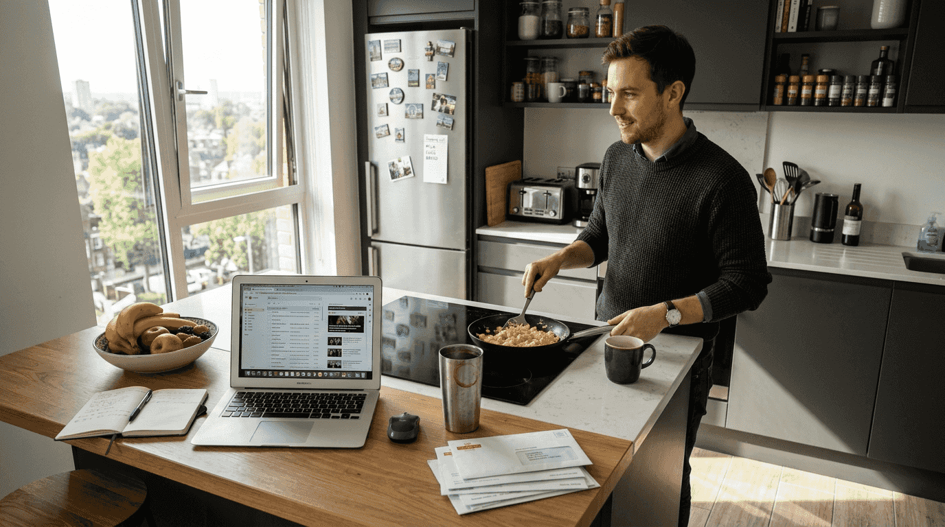 Man cooking in serviced apartment kitchen
