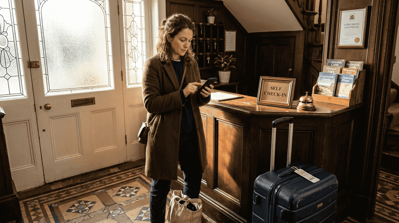 Guest using phone to check in at guest house