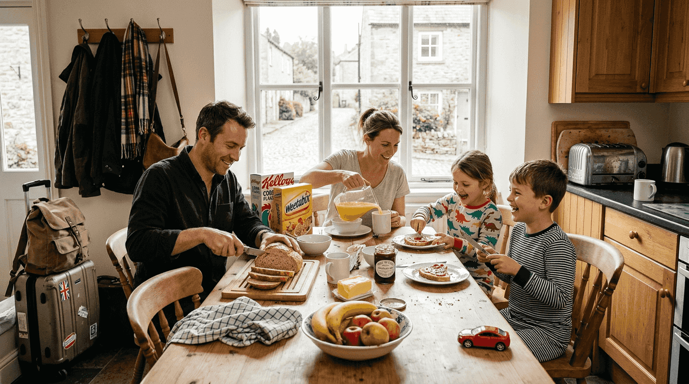 Family sharing breakfast in rental kitchen