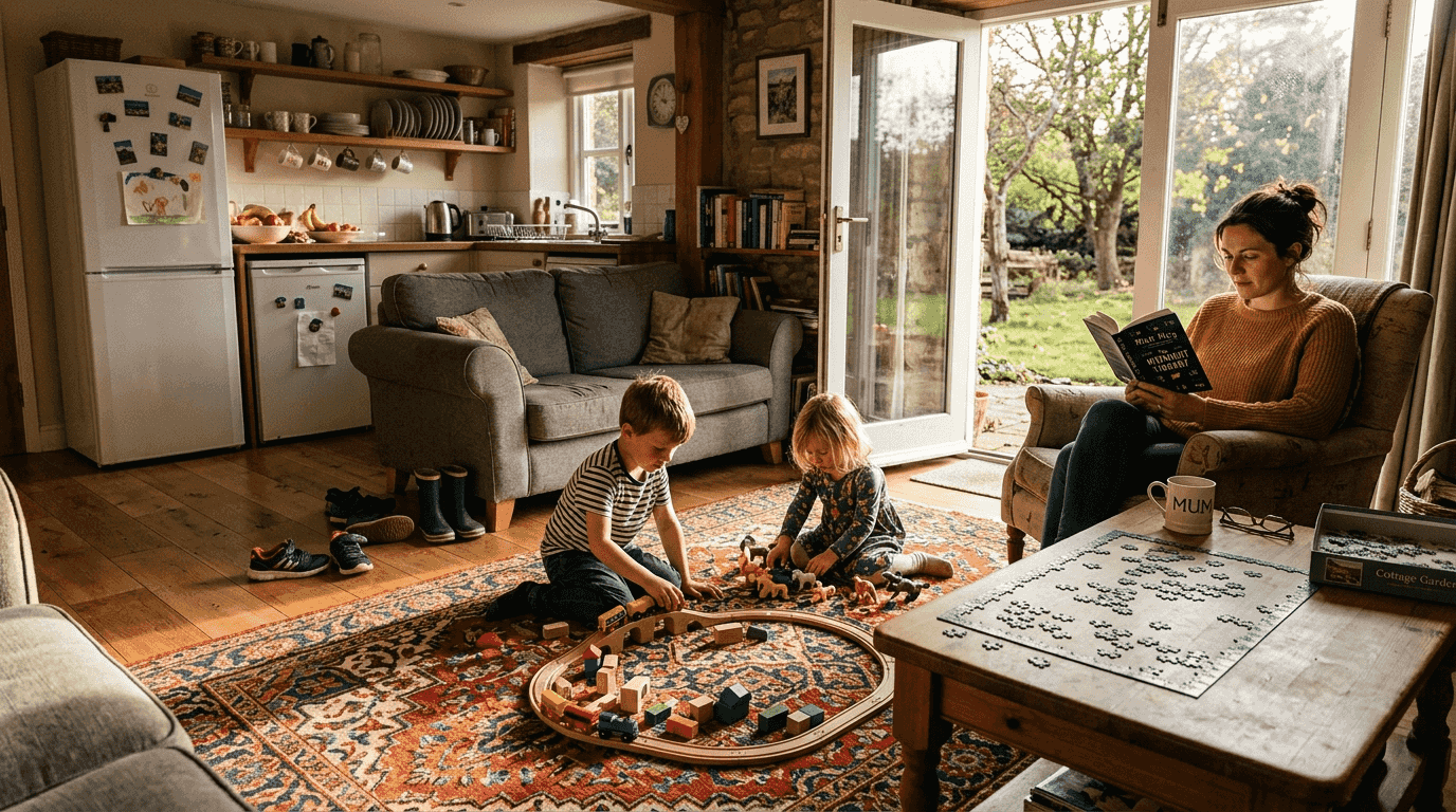 Children playing and mother relaxing in cottage