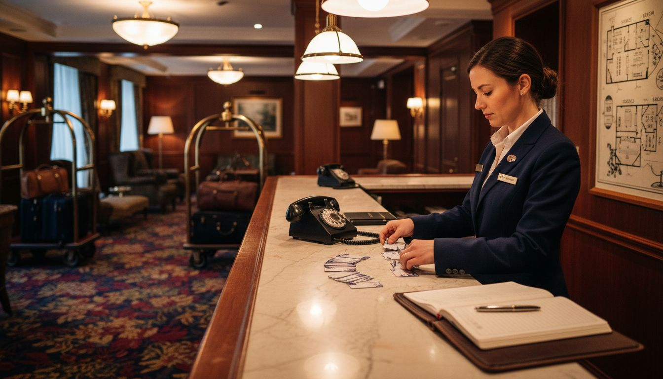 Hotel reception with staff and visible room type signs
