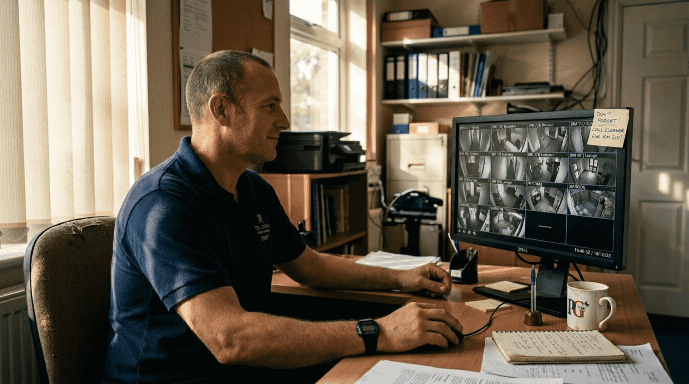 Guest house staff monitoring security system feeds