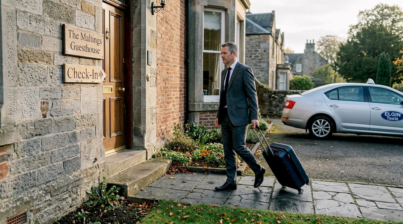 Businessman arriving at stone guest house in Elgin