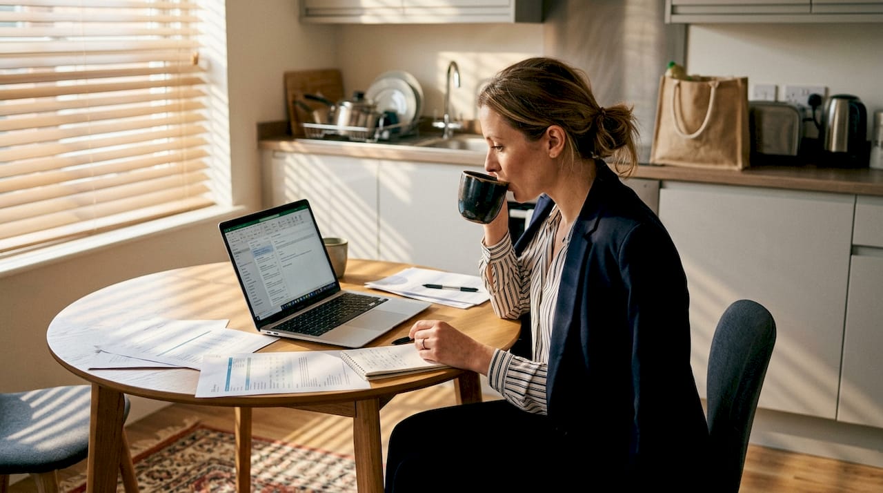 Business traveler working in serviced apartment kitchen